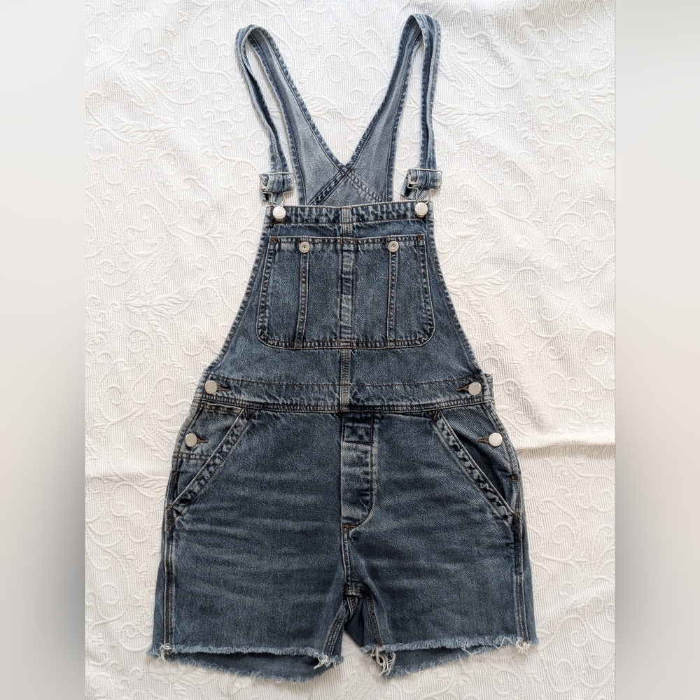 We The Free Washed Denim Short Overalls in Washed Blue